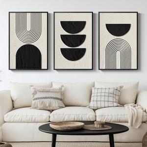 Large Framed Neutral Black and Beige Wall Art, 3 Piece Modern Canvas Prints Paintings Artwork for Walls, Minimalist Boho Geometric Pictures Wall Decor for Living Room Bedroom Office -Total 30x60 In