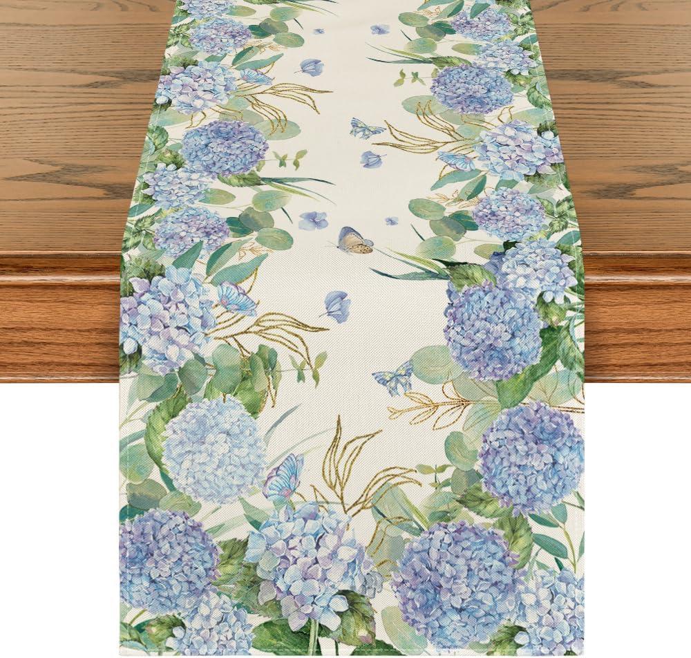 Artoid Mode Hydrangea Wildflowers Flower 210 GSM Summer Table Runner, Seasonal Spring Kitchen Dining Table Decoration for Home Party Decor 13x90 Inch