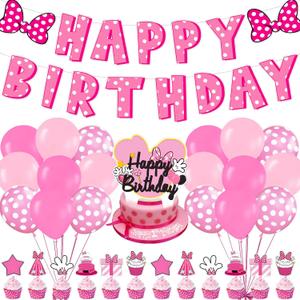 2 x Pink mouse Birthday Party Decorations,Cartoon Mouse Decor Supplies Include Happy Birthday Banner, Latex Balloon, Cake Toppers