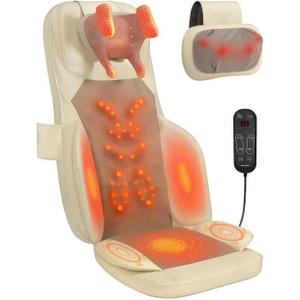 Massage Chair Pad with Dual Neck Modules and Heat, Cream | Shiatsu neck and back massager with heat, fixed-area back kneading, seat vibration for home and office chairs