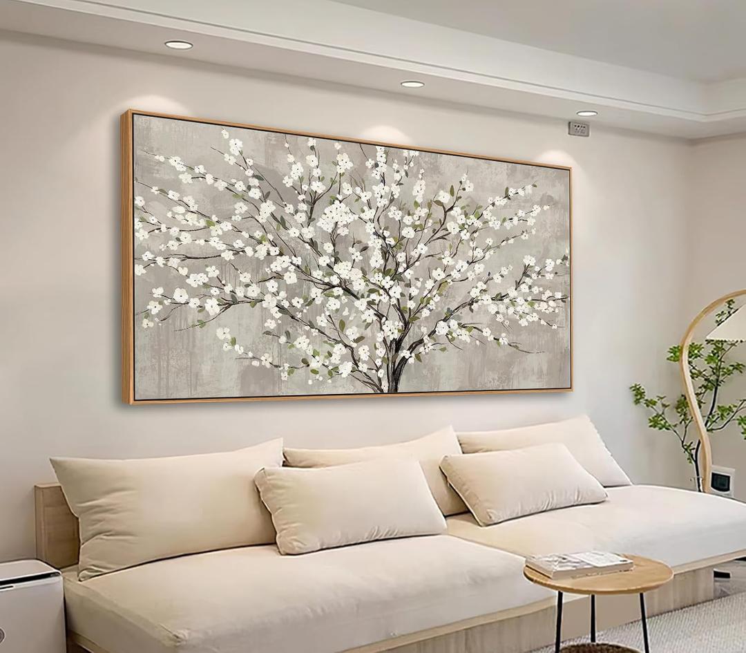 tigeridge Blooming Flower Tree Framed Wall Art - White Blossoms Green Leaves Canvas Pictures Wall Decor Soft Grey Painting Artwork Elegant Floral Prints Living Room Decor 40 x 20in, Natural Wood Frame