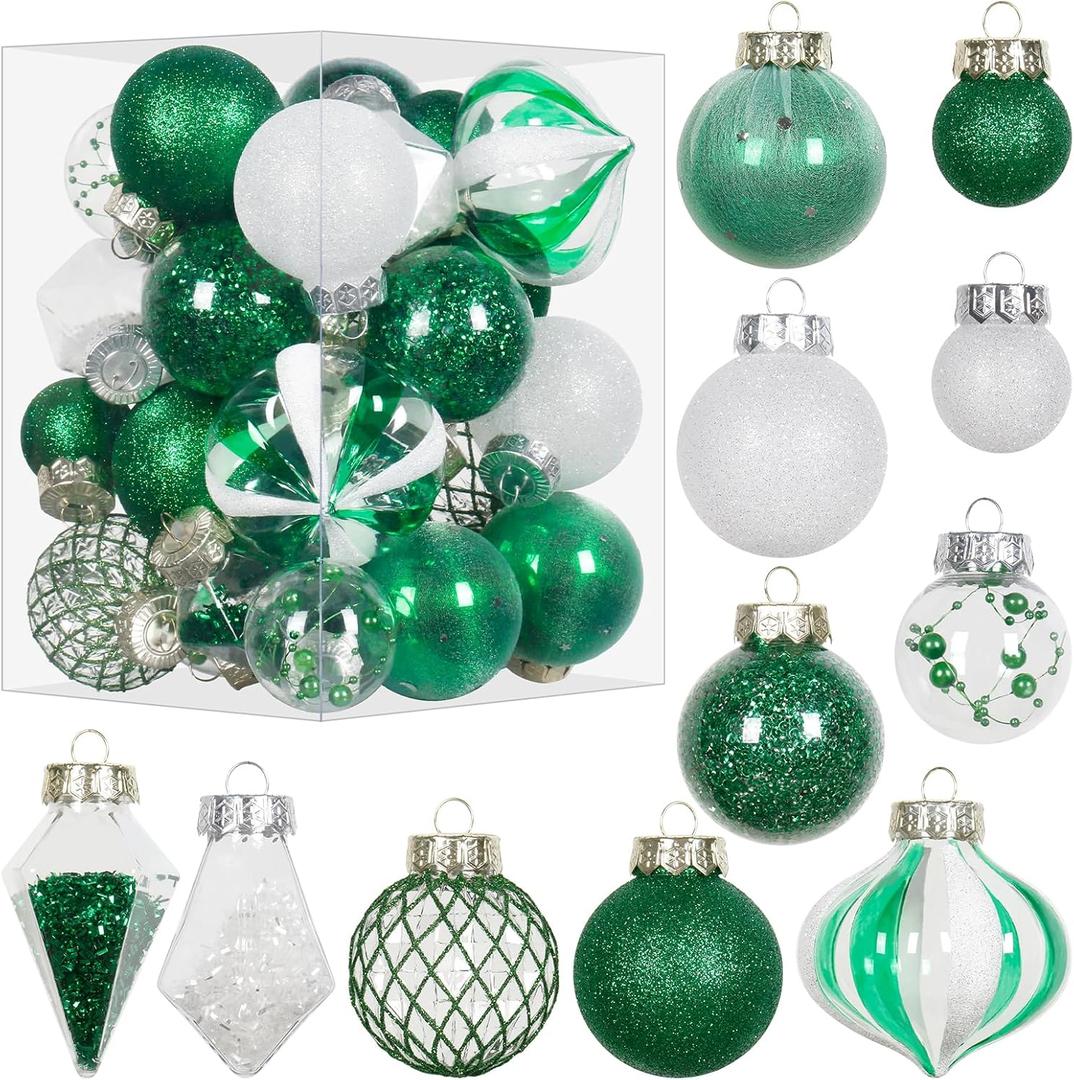 Christmas Ball Ornaments Set, 34PCS Clear Plastic Shatterproof Christmas Ornaments for Xmas Tree Hanging Decorations, for Indoor Home Thanksgiving Party Decor - Green/White.