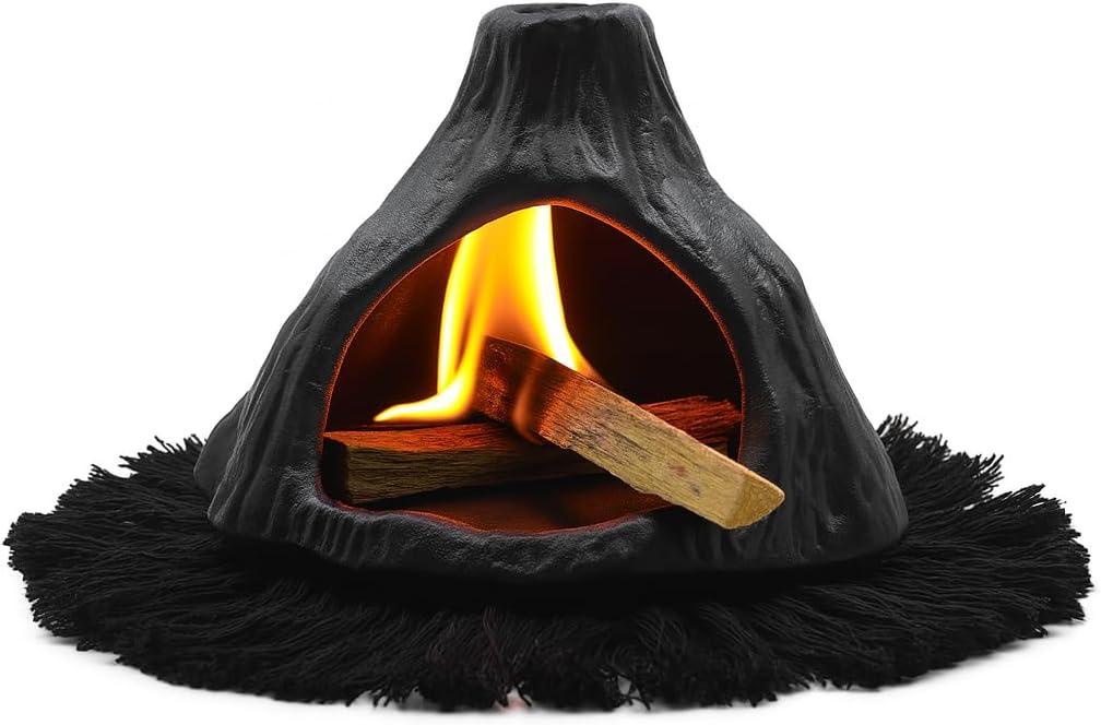 Ceramic Palo Santo Holder Burner,Incense Cone Holder,Mini Chiminea for Palo Santo Sticks and Sage Burner,with Handmade Heat Insulated Mat,Dust Brush,Metal Tweezer. (Black Volcano)