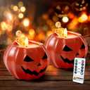 Homemory Halloween Flameless Pumpkin Candles, 2Pcs LED Real Wax Pumpkin Lamp with Skeleton, Flickering Battery Operated Candles with Remote for Halloween Decor, Theme Party, Holiday Gift, Orange