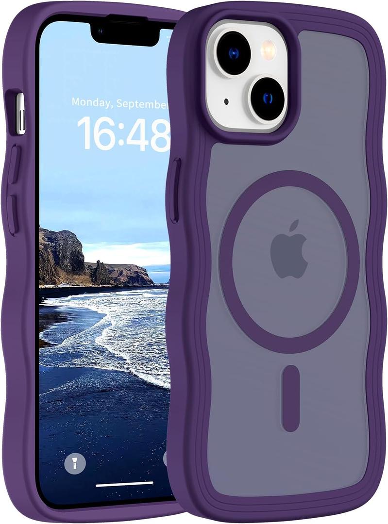 Hualele Magnetic for iPhone 13 & iPhone 14 Case, Compatible with MagSafe, Military Grade Dropproof Translucent Matte Back Cute Curly Wave Edge Slim Phone Case,Dark Purple