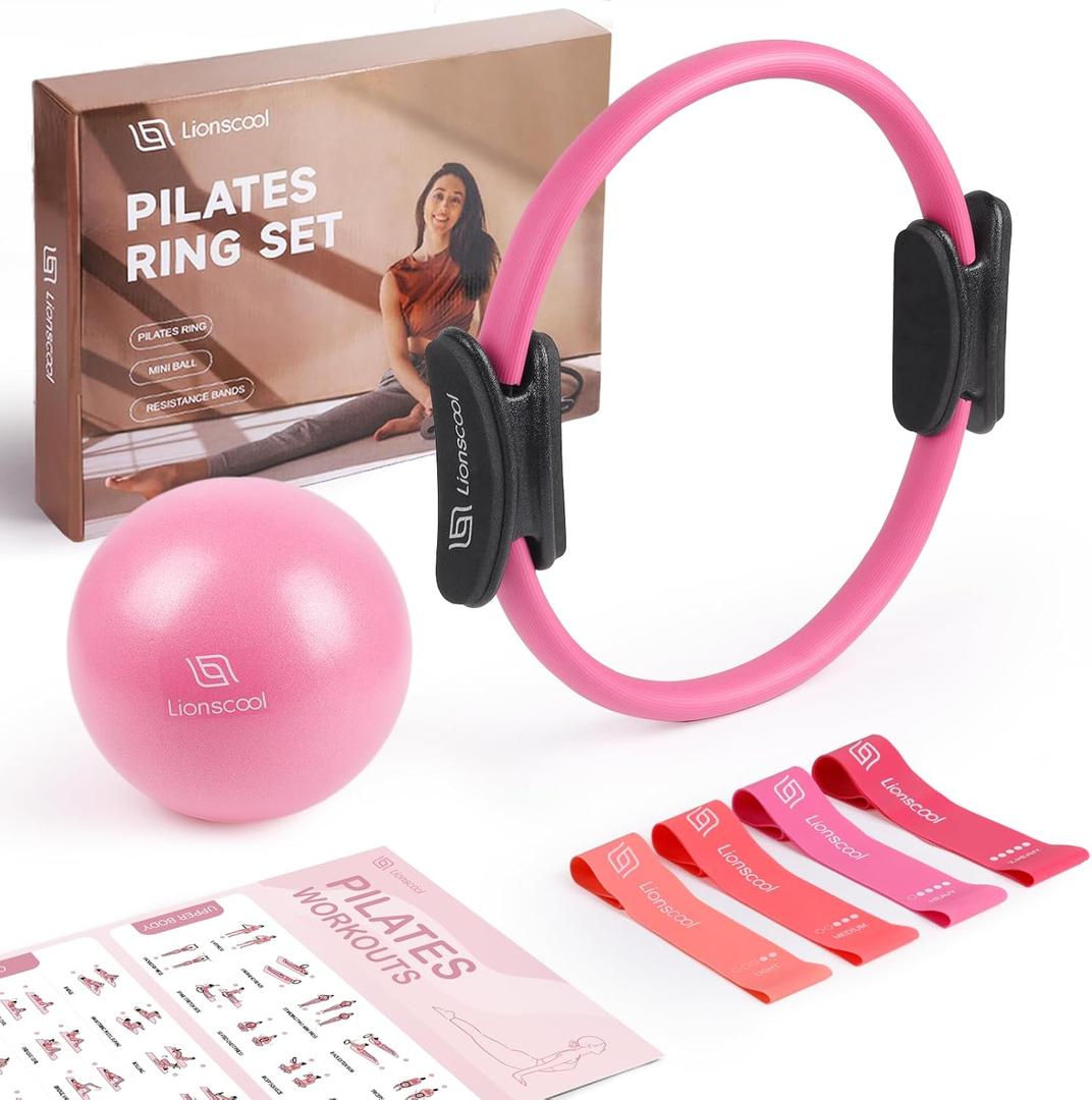 LIONSCOOL Pilates Ring Set  14" Anti-Deformation Magic Circle with Padded Handles, Mini Ball, Resistance Bands, Guide & Bag (Pink)