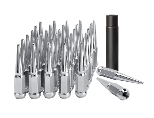 DYNOFIT 14mmx1.5 Spike Lug Nuts, 32PCS Chrome M14x1.5 Lug Nut, 4.4 inch Tall Closed End Nuts with 1 Socket Key Compatible with Chevy Silverado 1500 GMC Sierra 2500 3500,F250 F350 2003-2016