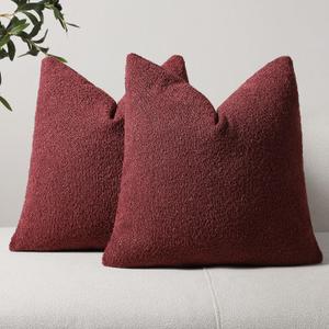 DEZENE Textured Boucle Throw Pillow Covers 18x18 Burgundy for Bed Couch Sofa Living Room, Pack of 2 Square Cozy Chic Decorative Pillow Cases (Covers ONLY)
