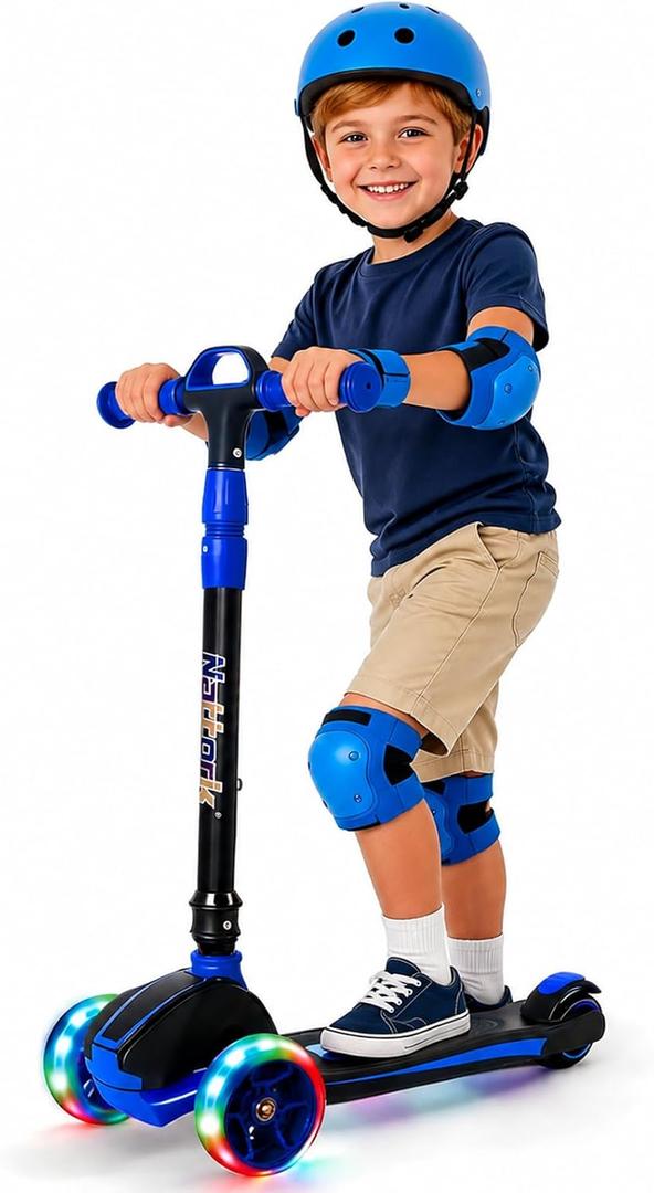 Nattork Kids Scooter for Age 3-8, Toddler Scooter with 4 Adjustable Height for Boys & Girls, Light Up 3-Wheels Foldable Kick Scooter, Lean to Steer, 120LB Weight Capacity