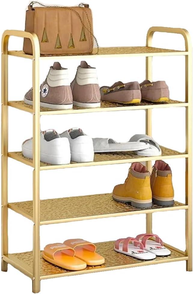 5 Tier Metal Shoe Rack Organizer Vertical Design Entryway Storage Cabinet for Entrance or Kitchen Small and Narrow Free Standing Gold (5-Tier)