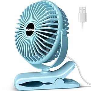 HONYIN 720° Rotation Small Desk & Clip on Fan with Sturdy Clamp, 3 Speeds, Quiet Little Personal Cooling Fan by USB Plug In, for Bedroom Office Desktop Treadmill (Blue)