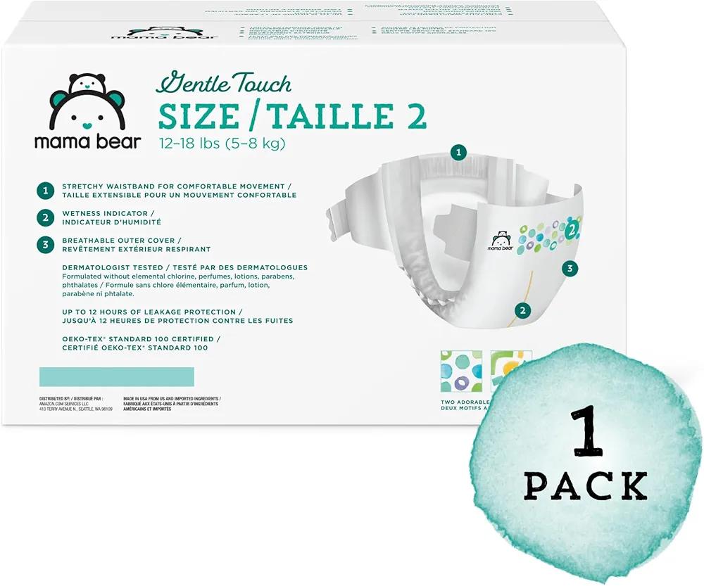 Amazon Brand - Mama Bear Gentle Touch Diapers, Hypoallergenic, Size 2, 184 Count (4 packs of 46), White