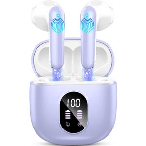 Wireless Earbuds, Bluetooth 5.4 Headphones 50H Playback Bass Stereo Ear Buds with 4 ENC Cancelling Mics, Bluetooth Earbuds Dual LED Display IP7 Waterproof in-Ear Earphones USB-C for Android iOS Purple