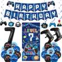 Vlipoeasn Blue 7th Birthday Decorations for Boys, Video Game Level 7 Banner Backdrop Hanging Swirls for 7th Birthday Party, Gamer 7 Years Old Party Supplies