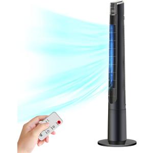 Tower Fan for Bedroom- 48'' Oscillating Fan with Remote, Cooling, Quiet, Large LED Display, 12-Hour Timer, Electric Black Standing Bladeless Fan for Whole House, Home, Office, Living Room