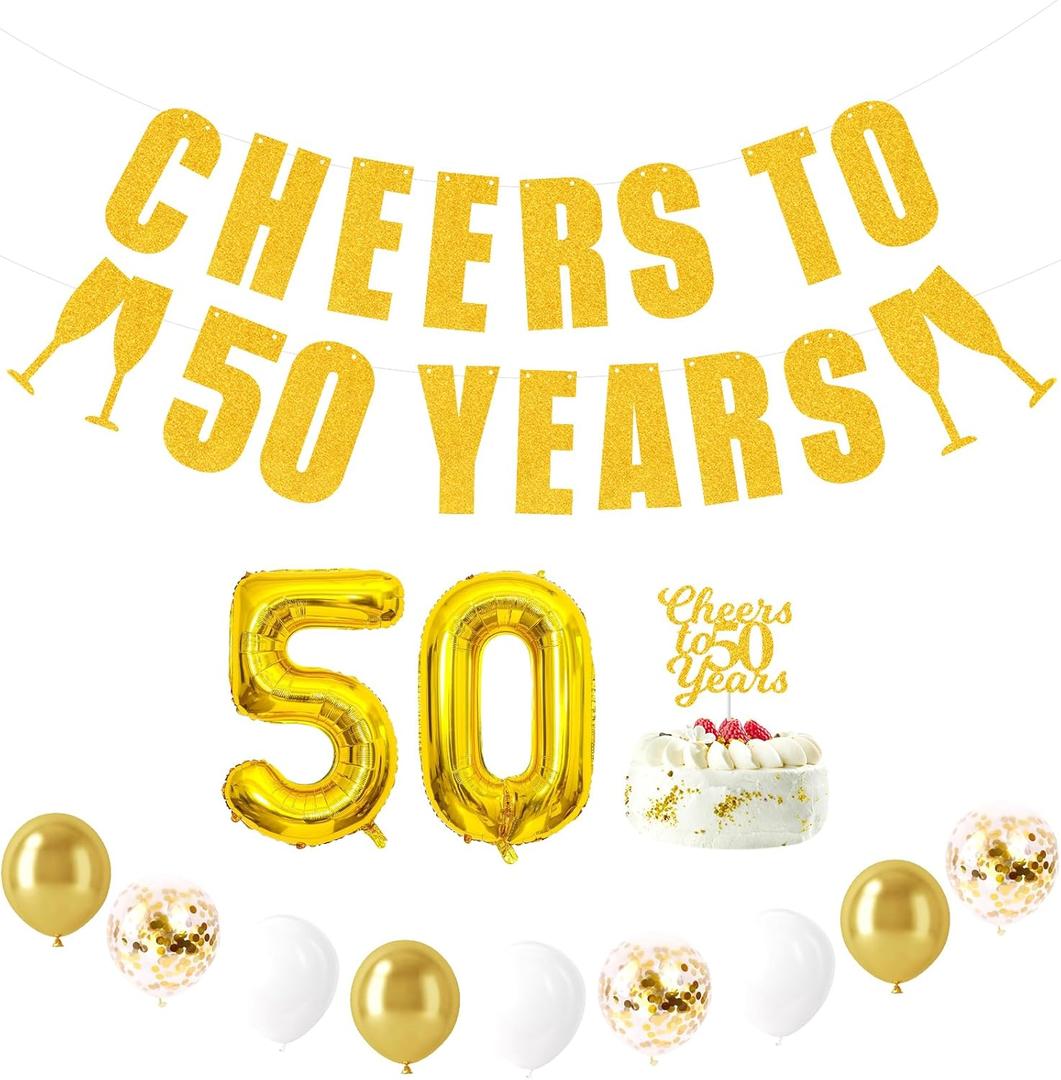 2 x 50th Anniversary Decorations Include Cheers to 50 Years Gold Glitter Banner,Cake Topper,Large 32" Foil Number Balloons,Latex Balloons,50th Birthday Party Decorations