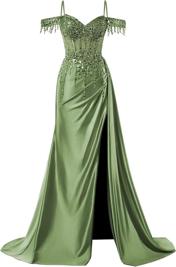 Off Shoulder Sequin Prom Dresses Long 2025 Satin Mermaid Formal Dresses Spaghetti Strap Evening Party Dress with Slit, Olive Size 4