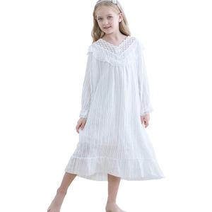 Girls Cotton Nightgowns,Vintage Princess Long Sleeve Night Gown Pajama Dress for Toddler Kids (5-6 Years, White)