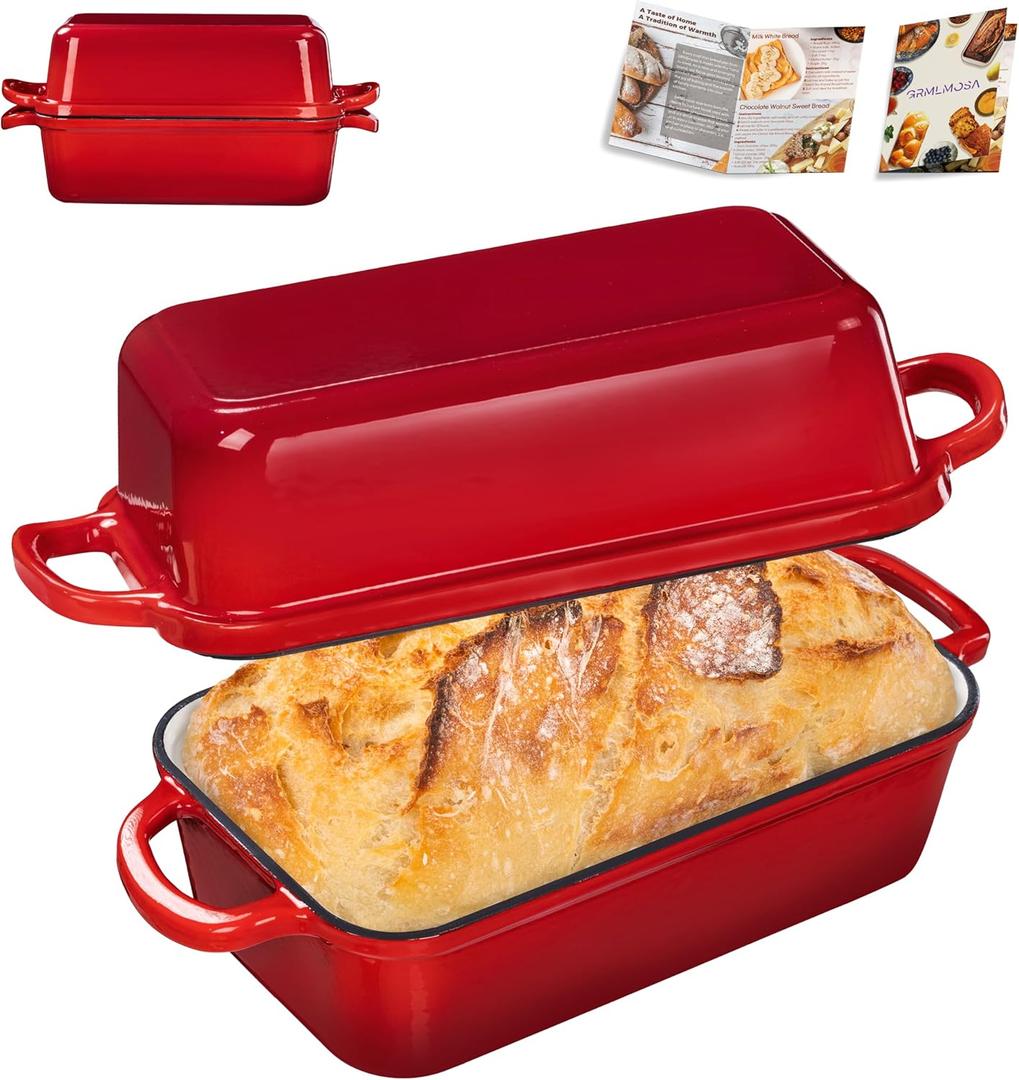 GRMImosa 2 in 1 Cast Iron Loaf Pan wiht Lid, Bread Loaf Pans for Baking Bread 9x5, Sourdough Bread Baking Pan for Homemade Bread, Meatloaf, Cherry
