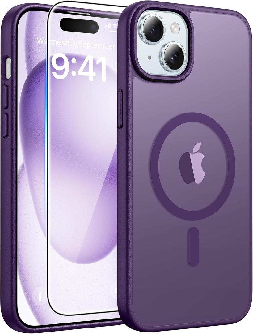 FNTCASE for iPhone 15 Case: for iPhone 14 Case & iPhone 13 Case [Compatible with Magsafe] Translucent Matte Cases with [Screen Protector] Military Grade Shockproof Protective Phone Cover - Purple