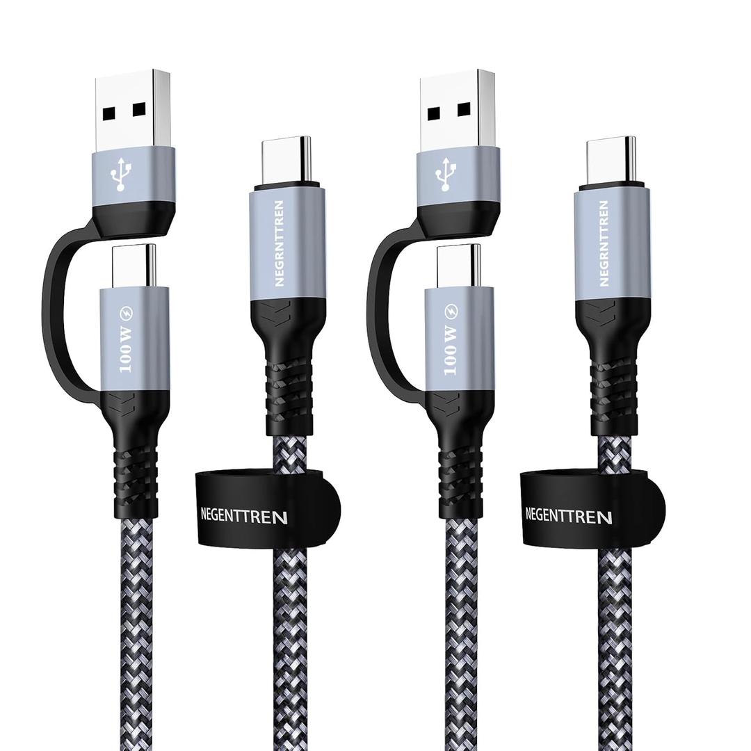 2 in 1 USB C to C Cable 100W (6FT, 2Pack), 5A Fast Charging Type A to C Charger Cord Nylon Braided USB C Cable for iPhone 16 Max Series, MacBook Pro, iPad (100W Cable)