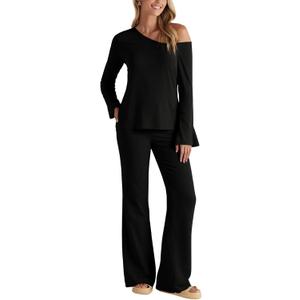 BWQ Sexy 2 Piece Outfits for Women Long Sleeve Wide Leg Pants Casual Lounge Matching Sets (Black, S)