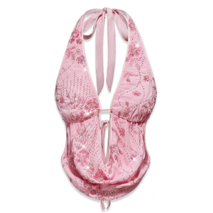 Spring/Summer Carnival Party Luxury FlowerpinkHeavily Embroidered Sequin Trim Backless Draped Neck Beach Vacation Sexy Women's Tank Top Medium