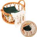 Kate Newborn Photography Props Rattan Circular Basket Handcrafted Bed Mini Doll Bed with Boho Woven Blanket and Stretch Wrap for Baby Photography Posing Props Photoshoot