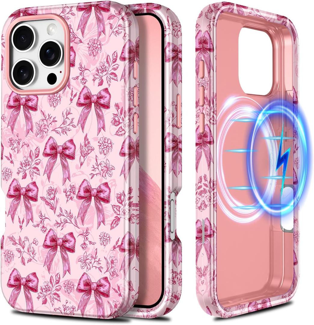 Casetego for iPhone 16 Pro Max Case,Compatible with MagSafe,[Military Grade Drop Test] Full Body Protection Slim Shockproof Rugged Marble Women Girls Case for iPhone 16 Pro Max 6.9 inch,Gold Bowknot