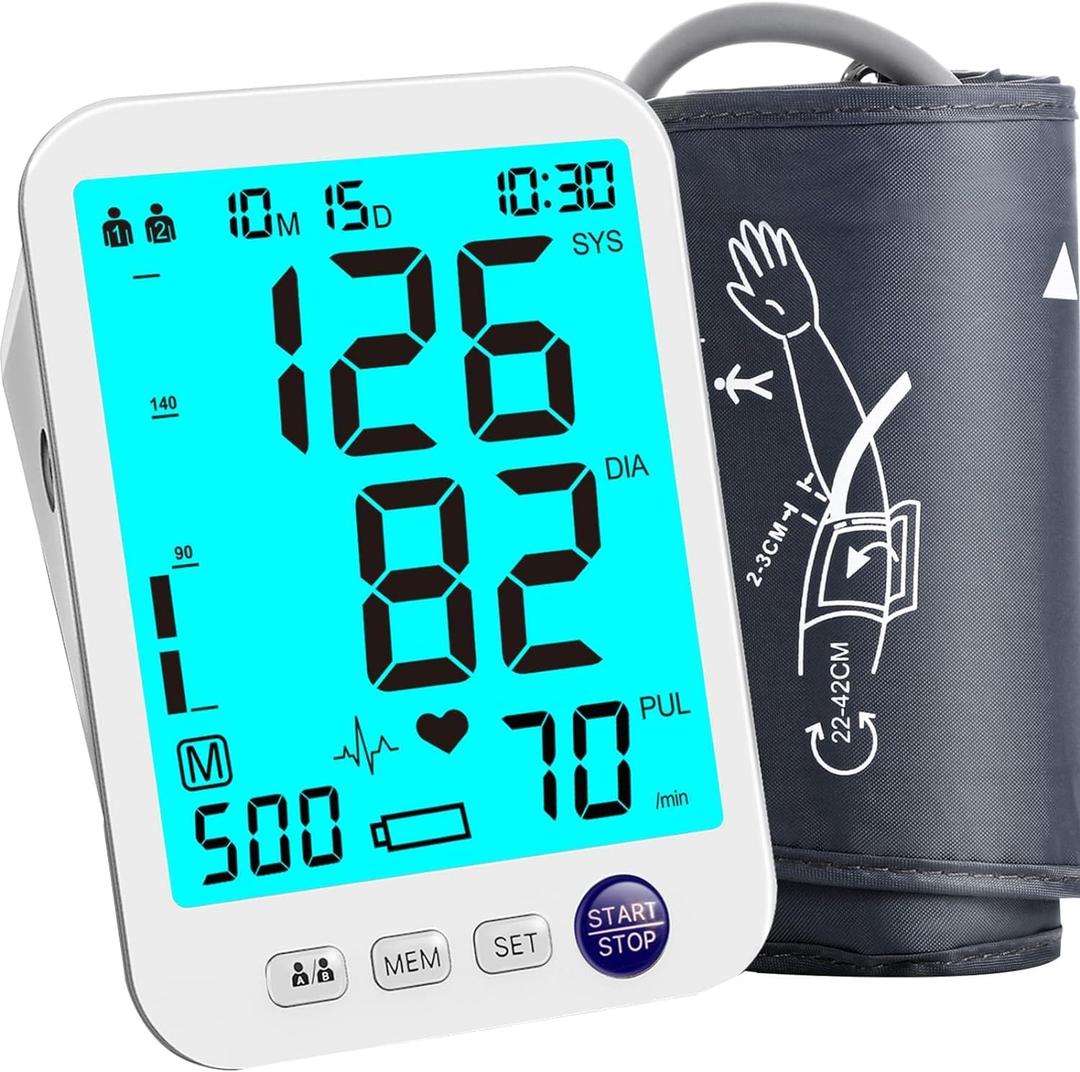 Blood Pressure Monitor Upper Arm Large LED Backlit Screen 1000 Sets Memory Automatic Digital BP Machine Adjustable BP Cuff 4 Batteries