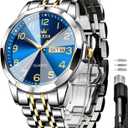 OLEVS Watch for Men Luxury Dress Analog Quartz Stainless Steel Waterproof Luminous Date Diamond Business Two Tone Casual Wrist Watch (Gold-blue)
