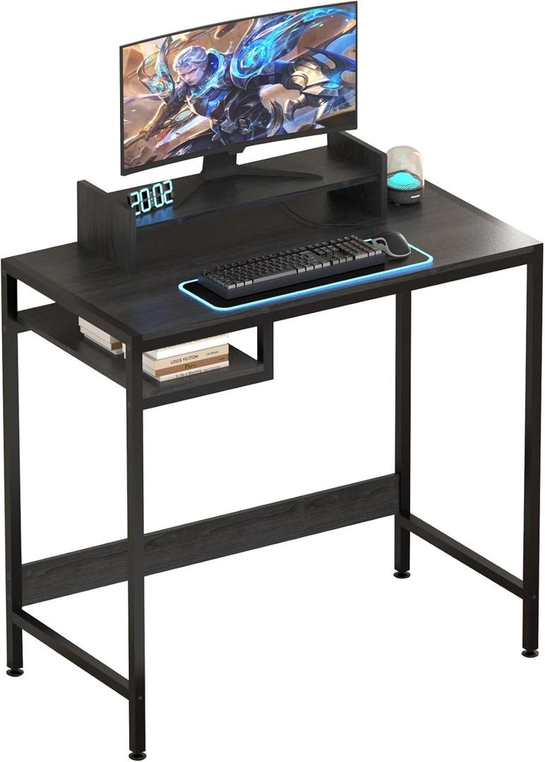 Computer Desk - 32 Inch Home Office Desk with Storage, Gaming Desk with Monitor Stand, Modern Simple Study Table, Adjustable Storage Space, Black