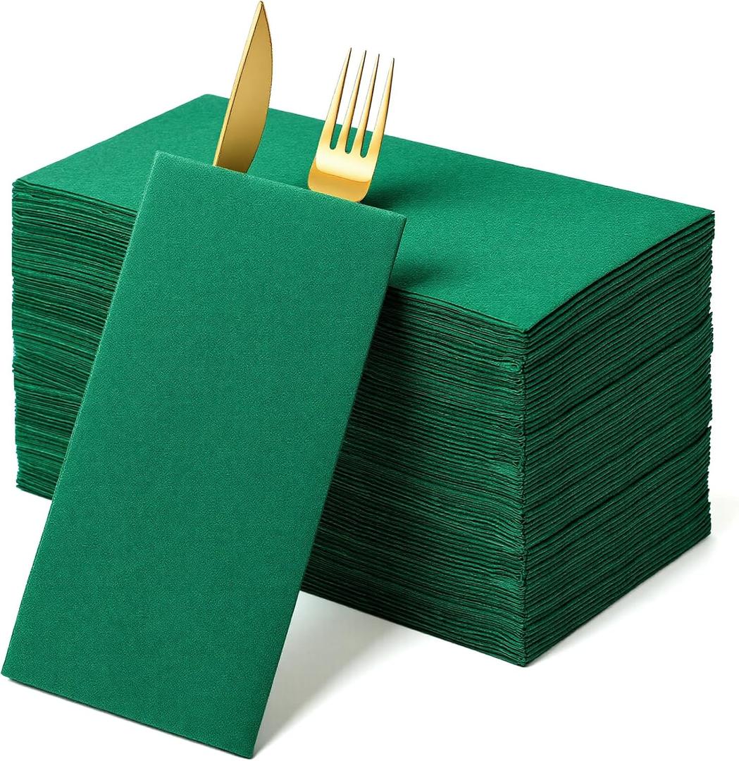 100 Pack 17"x12" Disposable Dinner Napkins Linen Feel Paper Napkins Pre-Folded with Built-in Flatware Pocket for Wedding Party Kitchen