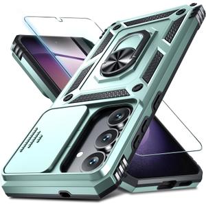 Janmitta Compatible with Samsung Galaxy S25 FE Case Built in Slide Camera Lens Cover+Screen Protector+Finger Ring Holder Kickstand,Heavy Duty Shockproof Full Body Phone Cover,2025 Dark Green