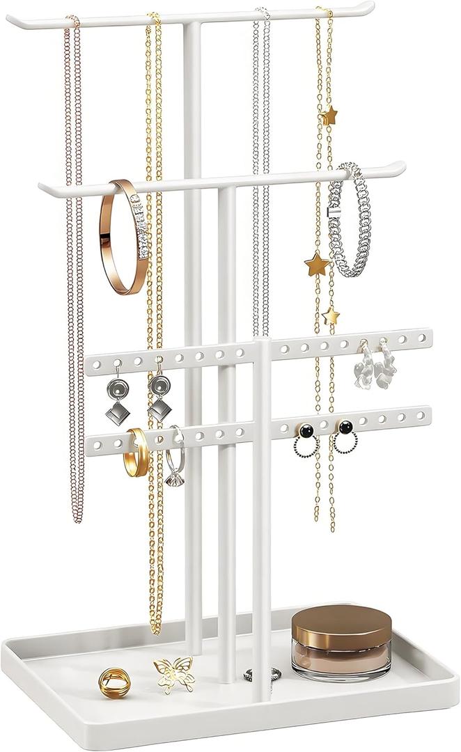 pickpiff Jewelry Stand Organizer, 14.5" Tall Sturdy Metal, 3-TierJewelry Holder for Necklace, Earring, Bracelet, Ring, Hanger for Display and Storage, Aesthetic Room Decor, White pickpiff Jewelry Stand Organizer, 14.5" Tall Sturdy Metal, 3-TierJewelry Holder for Necklace, Earring, Bracelet, Ring, Hanger for Display and Storage, Aesthetic Room Decor, White
