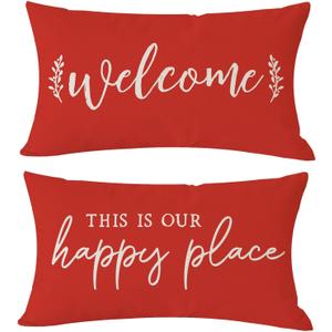 PANDICORN Farmhouse Lumbar Decorative Throw Pillow Covers 12x20 Set of 2 Welcome This is Our Happy Place Red Outdoor Christmas Front Porch Patio Decorations Cushion Cases for Home Couch Bench Decor