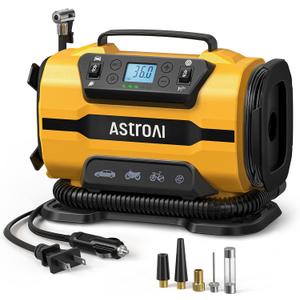 AstroAI Tire Inflator Portable Air Compressor Pump 150PSI 12V DC/110V AC with Dual Metal Motors&LED Light, Automotive Car Accessories&Two Modes for Car, Bicycle Tires and Air Mattresses, Yellow