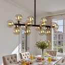 Black Mid Century Modern Chandelier for Dining Room Light Fixture, 16-Light Amber Glass Globe Linear Sputnik Chandelier for Kitchen Island Bar Living Room, L39.4 Inch