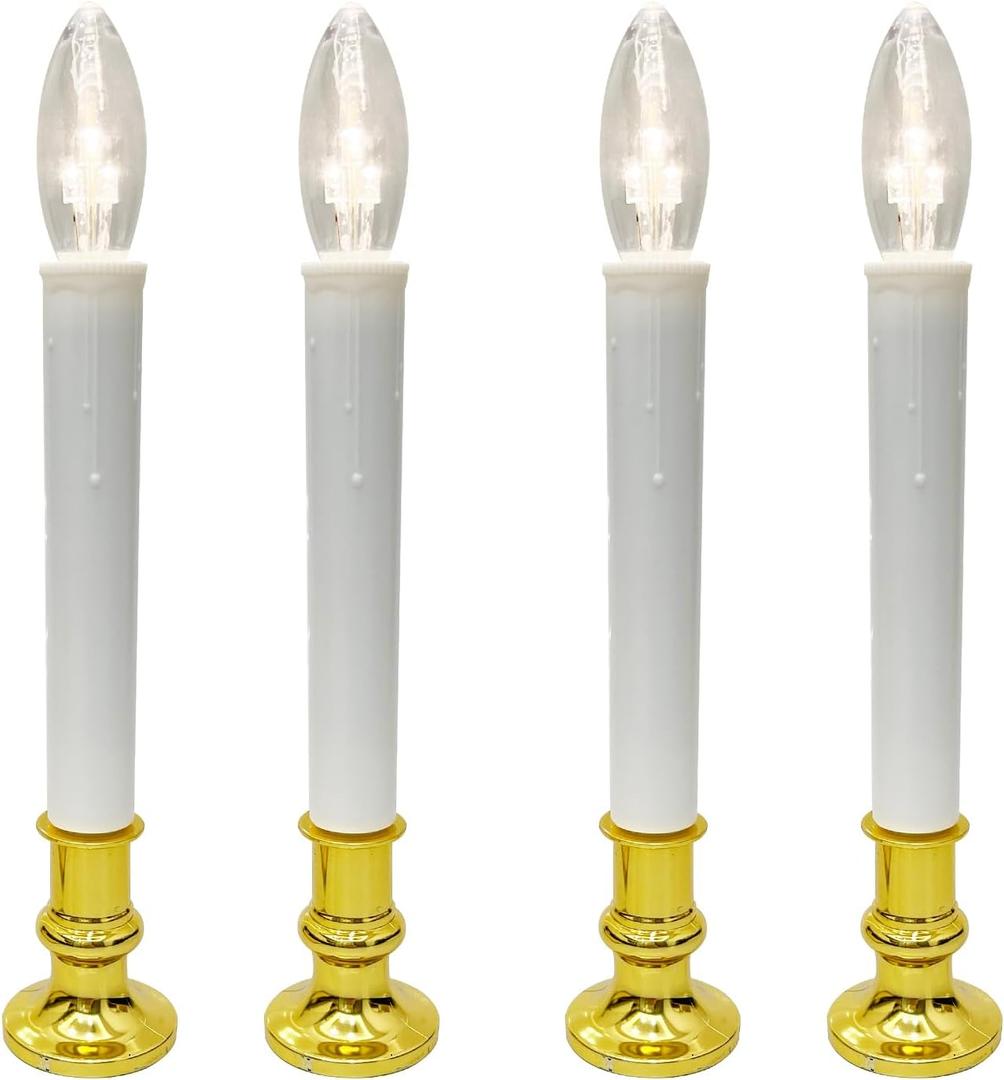 4 Pack Christmas Window Candle Lamp, Ultra Bright LED Window Candles with 3V C26 Clear Torpedo Tip Bulbs, Battery Operated, Metal Base, White Candlestick with Suction Cup (Gold)