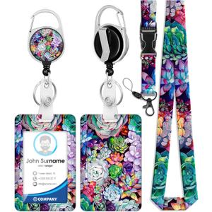ID Badge Holder with Lanyard and Retractable Badge Reel Clip, Succulent Plants Card Name Tag Lanyard Vertical ID Protector Bage Clips for Nurse Nursing Doctor Teacher Student