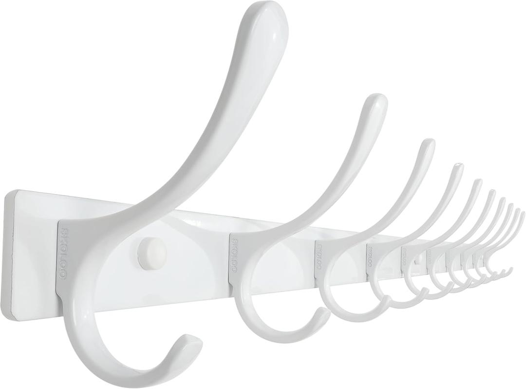 SKOLOO Wall Mounted Coat Rack - 10 Hooks, Heavy Duty, Stainless Steel, Metal Wall Hangers, Sturdy Coat Hooks for Hanging Coats, Jacket, Clothes, Hat, White
