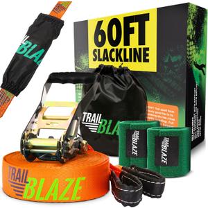 Complete Slackline Kit with Training Line - 60ft Slack Lines for Backyard for Kids and Adults, Wider Tree Protectors - Ninja Slackline Kit for Kids Outdoor Play Equipment (Essential Kit - Orange)