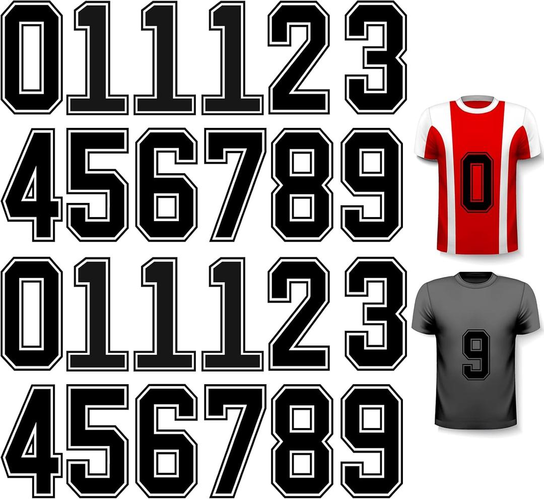 WILLBOND 24 Pcs Iron on Numbers, Jersey Heat Transfer Numbers 0 to 9 for Team Uniform T-Shirt Football Basketball Baseball(Black with Black Border,8 Inch)