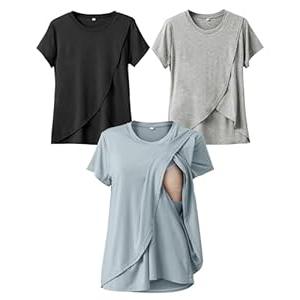 Rnxrbb Summer Maternity Nursing Shirts for Breastfeeding Tops Short Sleeve Postpartum Sets Clothes 3 Pack for Women, Black&Light Gray&Gray, Blue, XS