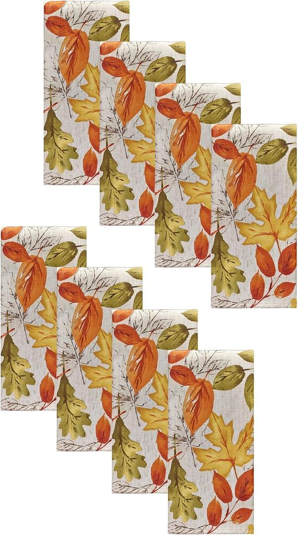 Elrene Home Fashions Autumn Leaves Printed Fall Cloth Dinner Napkins, 17" x 17", Set of 8