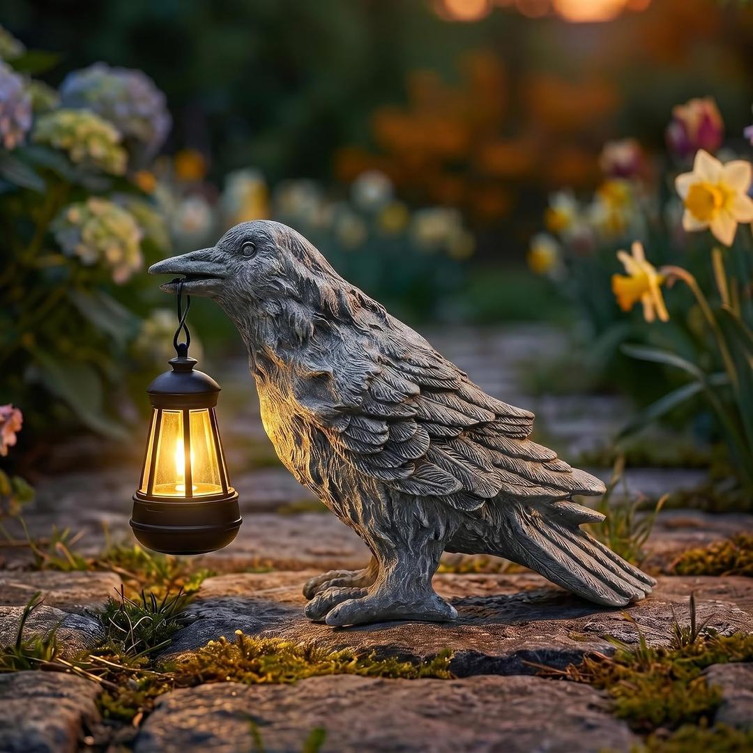 Solar Crow Statue with Light Gothic Outdoor Decor for Garden Yard Patio Halloween Decorations Outdoor Unique Goth Gifts for Home Decor Enthusiasts Grey