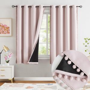 Jubilantex Pom Pom Blackout Curtains Blush Pink Thermal Insulated Curtains Blackout Window Treatments 63" Long for Girls Kids Bedroom,52" Wide,2 Panels