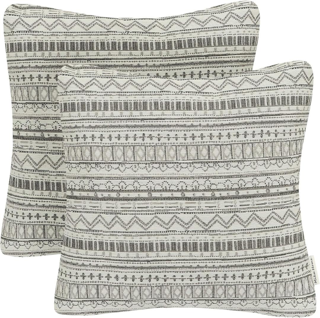 Mika Home Pack of 2 Decorative Square Throw Pillow Covers Cushion Cases for Sofa Couch, Bohemian Striped Geometric Pattern, 18x18 Inches, Gray Cream