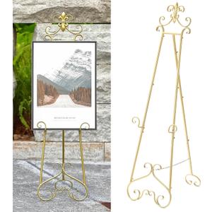 CaliDecor 60” H Gold Easel Stand for Sign, Large Adjustable Metal Display Standing for Displaying Pictures Wedding Poster Holder Showcasing with Chain Support