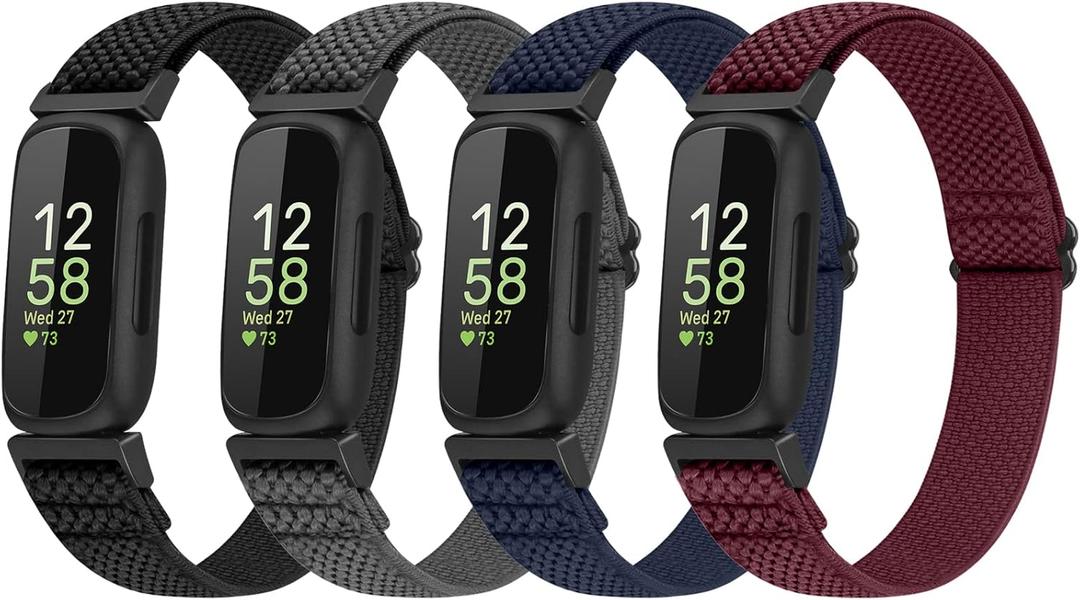 4 Pack Bands Compatible with Fitbit Inspire 3/Inspire 2/Inspire/Inspire HR/Ace 3/Ace 2 Band, Elastic Adjustable Nylon Loop Straps Replacement Sport Stretchy Wristband for Women Men (Black+Gray+Indigo+Burgundy)